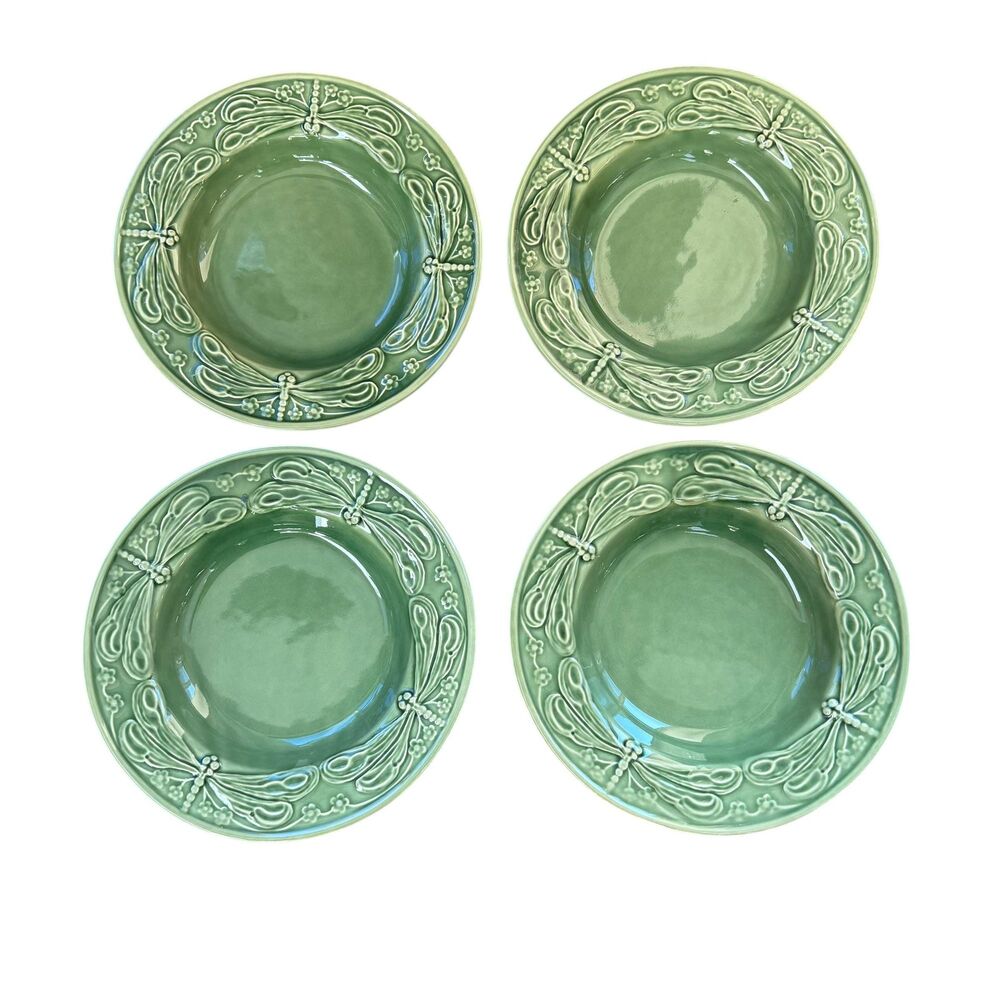 Bordallo Pinheiro Dragonfly Rimmed Soup Bowls Majolica Set of 4
